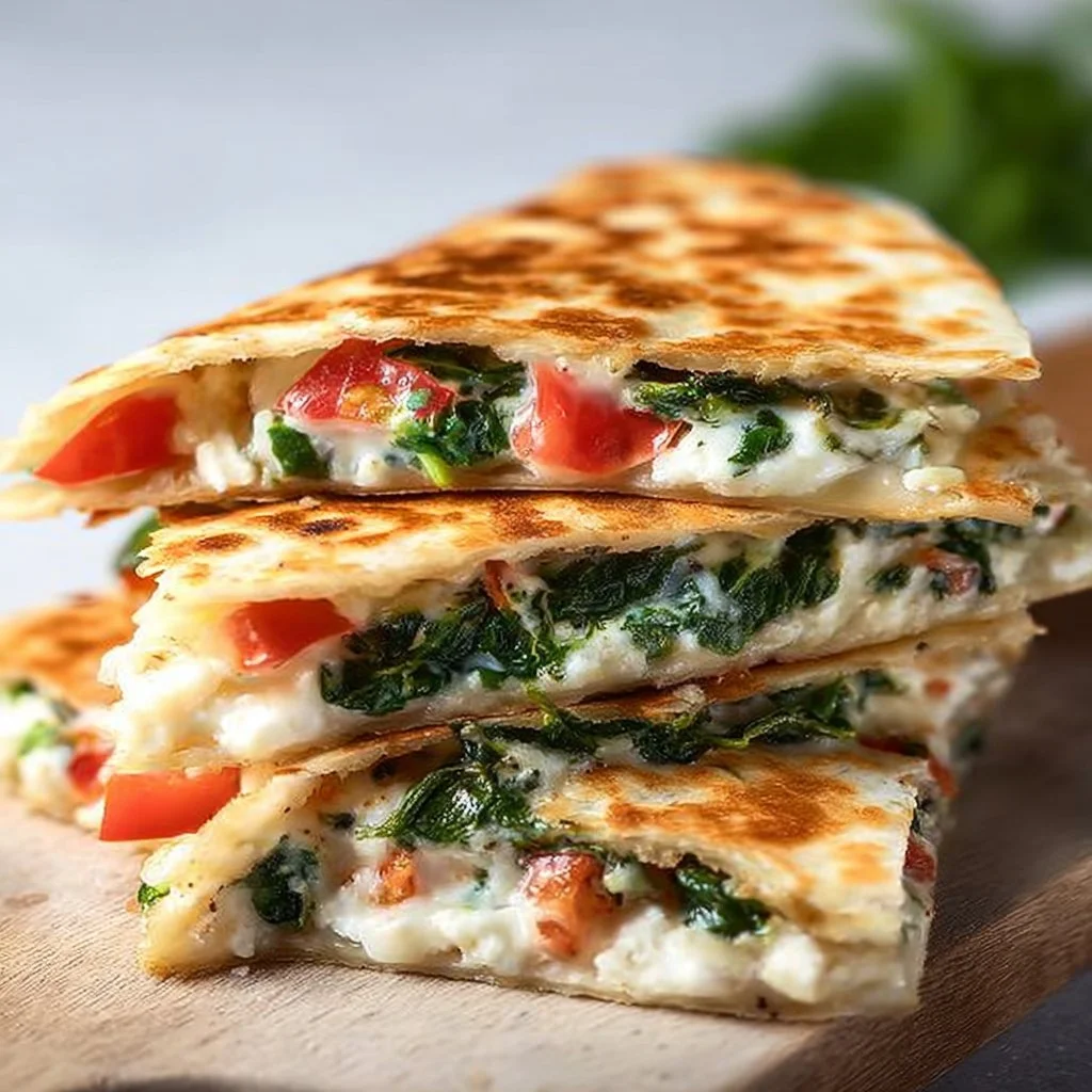 Mediterranean Quesadilla with Spinach served on a plate with fresh ingredients
