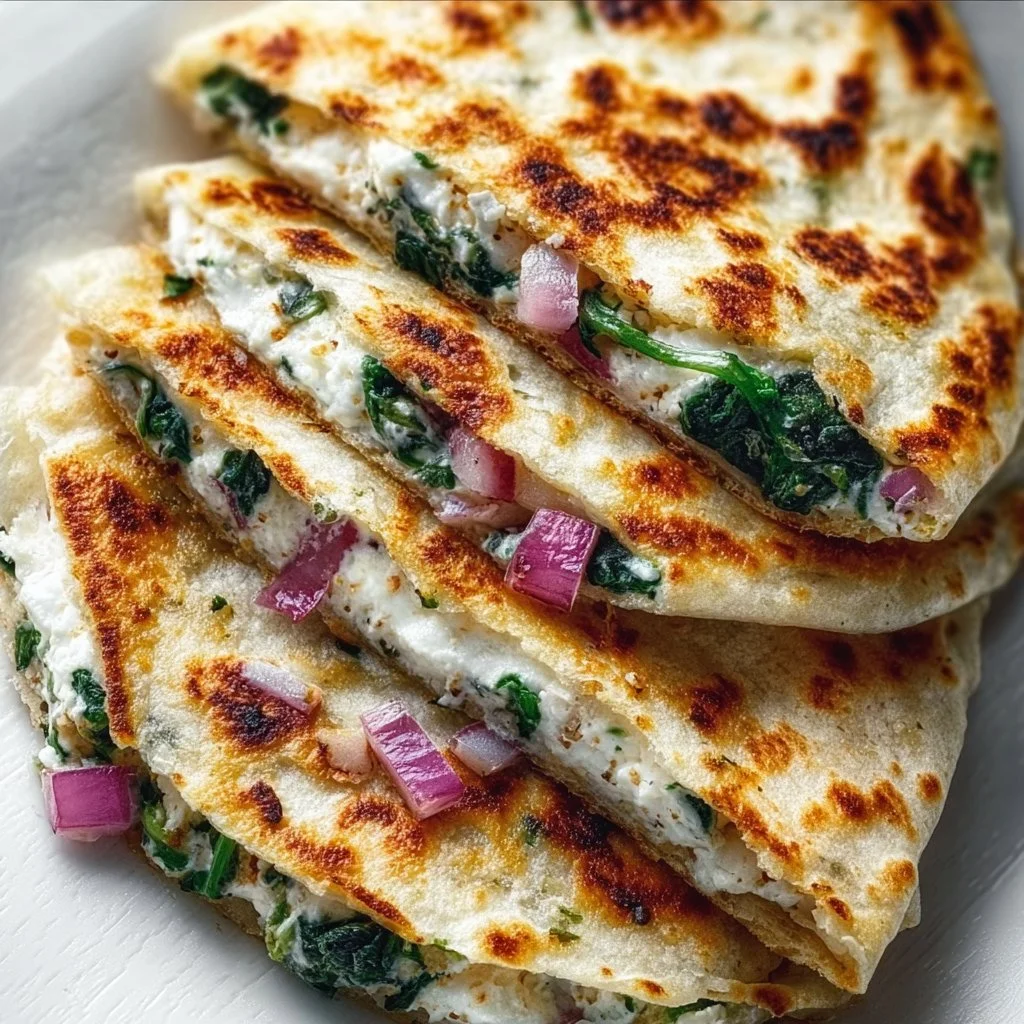Mediterranean Quesadillas filled with spinach and savory ingredients