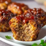 Mini Meatloaf Muffins 2 Baked mini meatloaf muffins topped with ketchup and herbs on a serving platter.