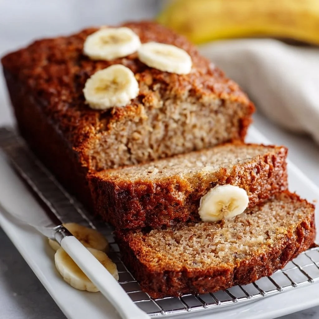 Slice of moist banana bread on a wooden table with ripe bananas in the background