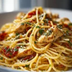 Delicious Monterey Chicken Spaghetti garnished with fresh herbs.