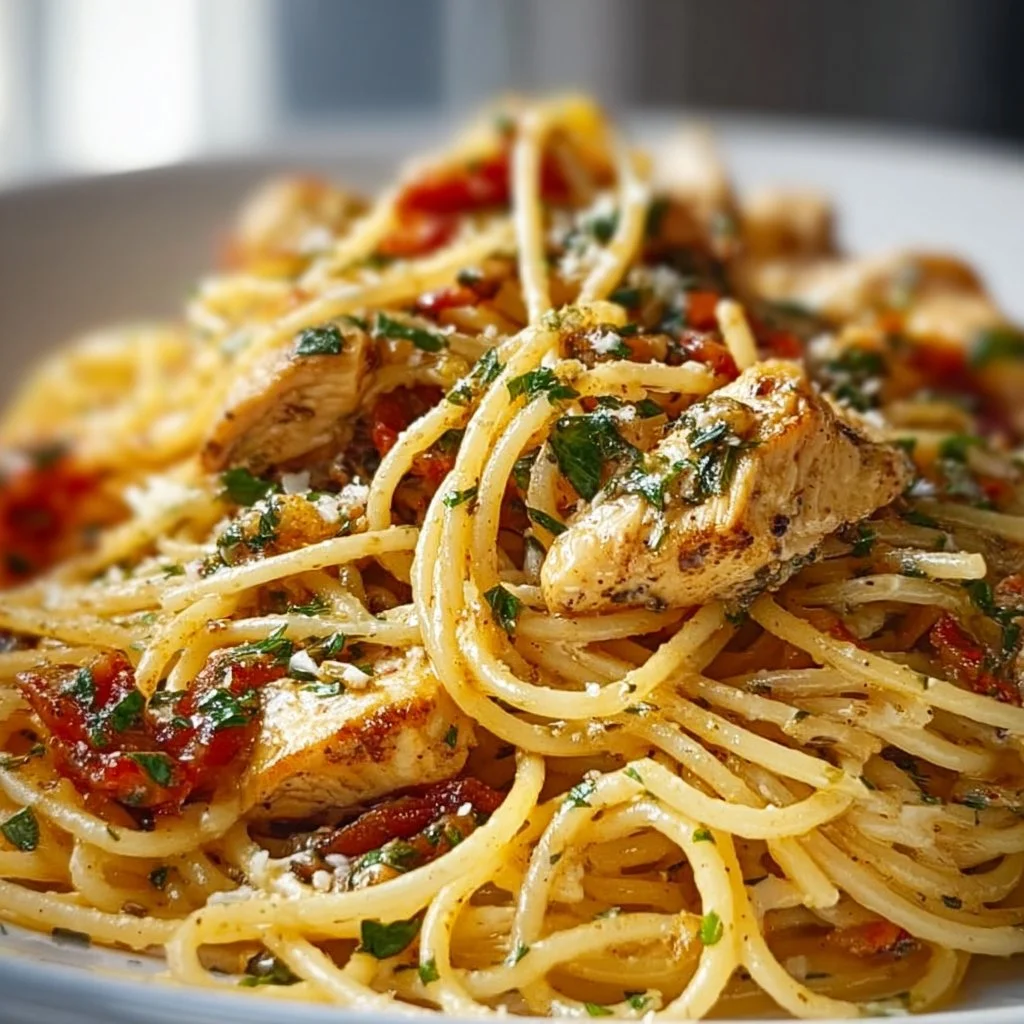Delicious Monterey Chicken Spaghetti garnished with fresh herbs.