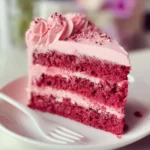 Mother's Day Pink Velvet Cake topped with cream cheese frosting and fresh flowers