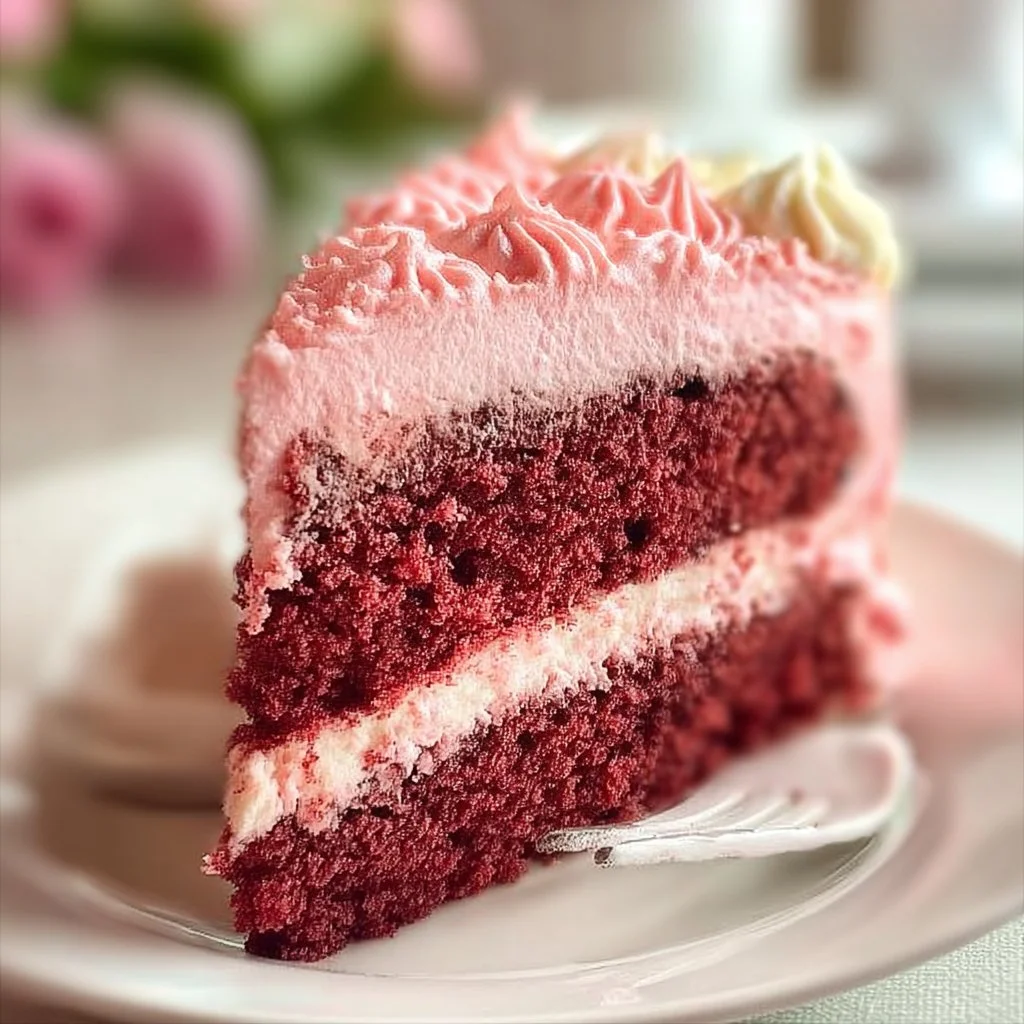 Delicious Mother's Day Pink Velvet Cake with cream cheese frosting and decorative roses