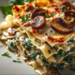Delicious homemade Mushroom Spinach Lasagna with layers of cheese and fresh ingredients.