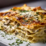Delicious Mushroom Lasagna with layers of cheese and mushrooms