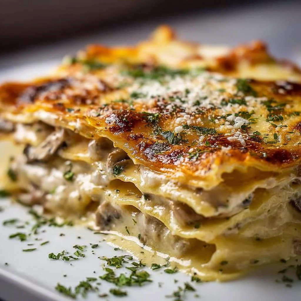 Delicious Mushroom Lasagna with layers of cheese and mushrooms