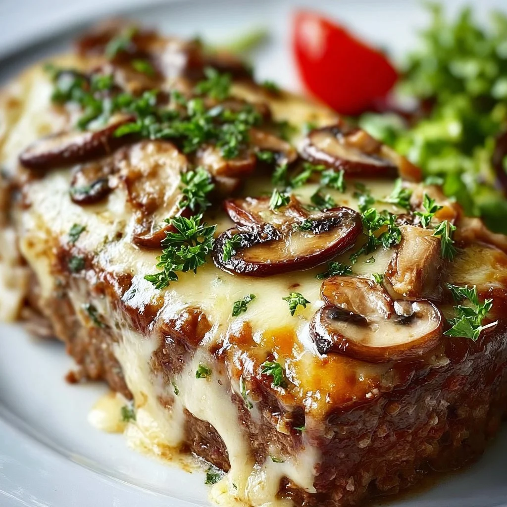 Delicious Mushroom Swiss Cheese Meatloaf served with sides