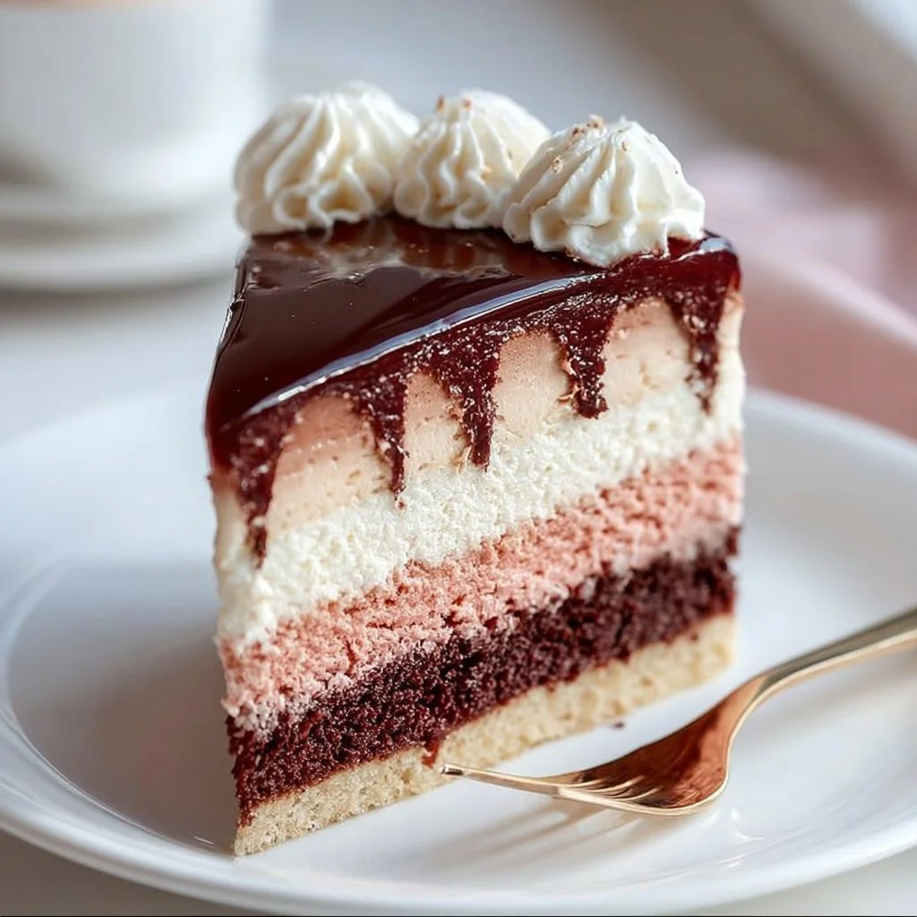 Delicious Neapolitan Cake with chocolate, vanilla, and strawberry layers