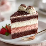 Delicious Neapolitan Cake with chocolate, vanilla, and strawberry layers