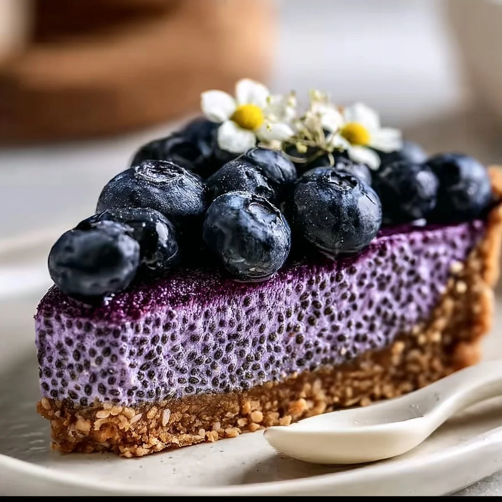 No-bake blueberry chia seed pie with fresh blueberries and chia seeds