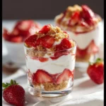 Delicious no-bake strawberry cheesecake parfaits in clear glasses