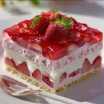 No-Bake Strawberry Jello Lasagna with fruit and cream layers