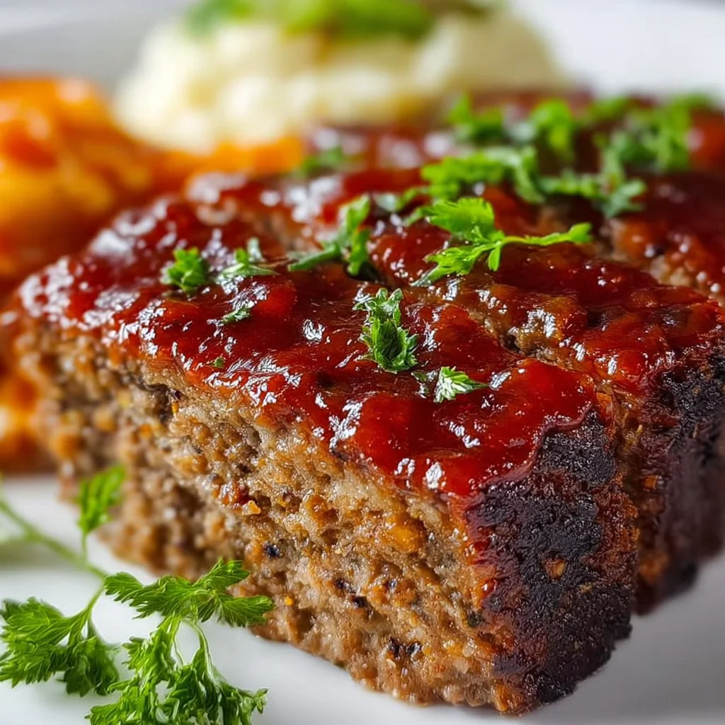 Old-Fashioned Meatloaf served on a plate with vegetables