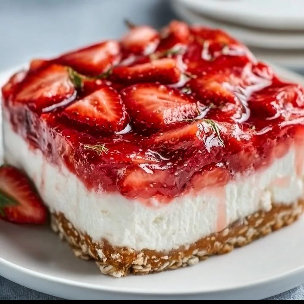 Delicious old-fashioned strawberry pretzel salad in a serving bowl