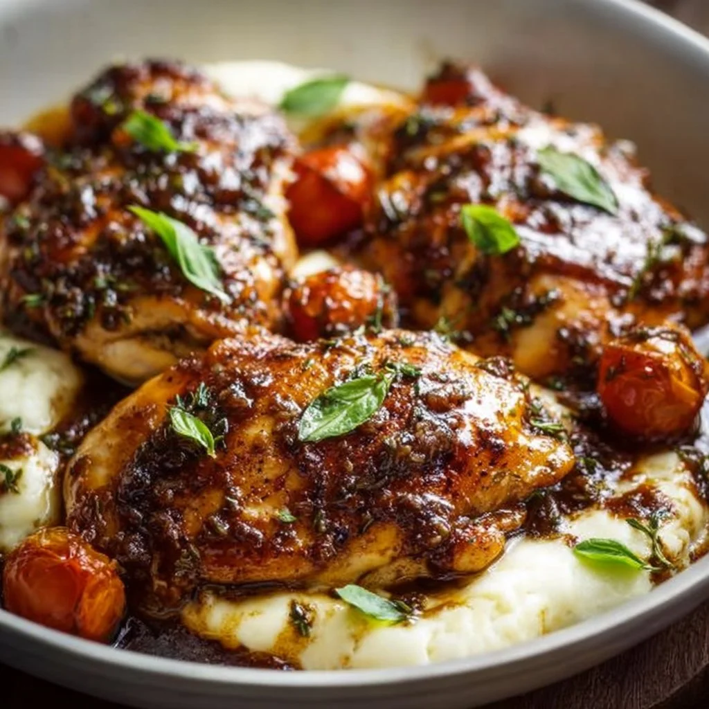 Delicious one-pan balsamic chicken served with vegetables on a plate