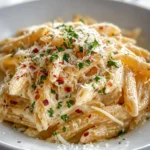 One Pot Creamy Garlic Pasta 3 One pot creamy garlic pasta served in a bowl with fresh herbs and garlic bread.