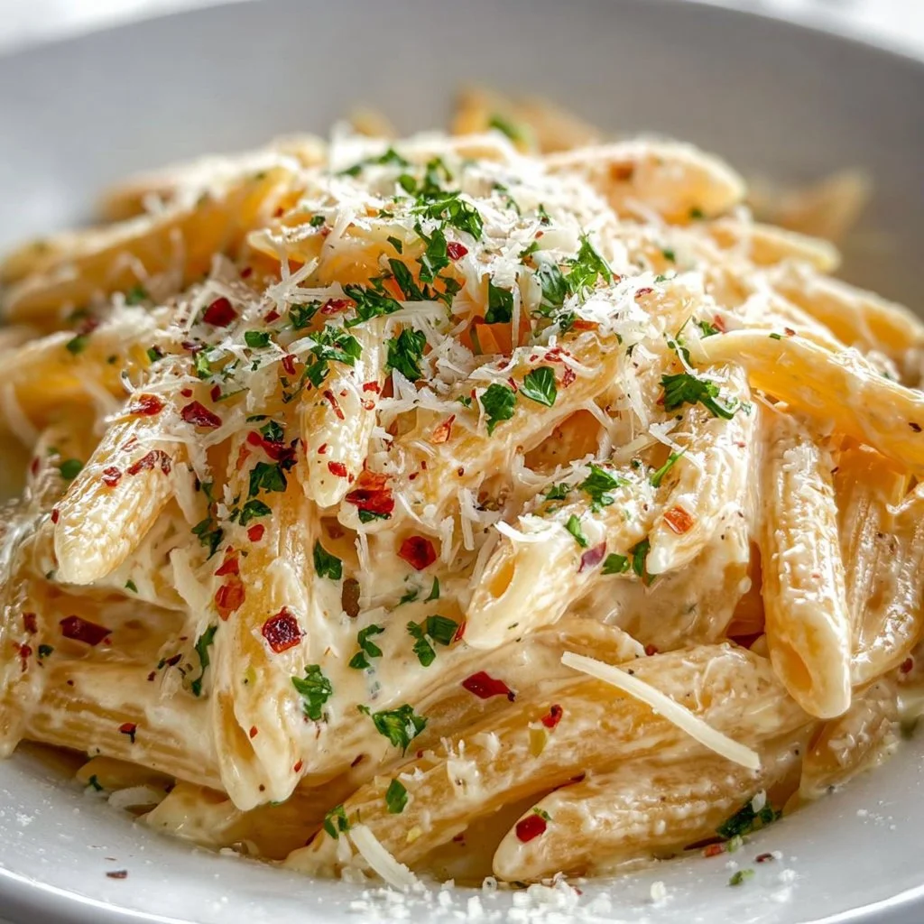 One pot creamy garlic pasta served in a bowl with fresh herbs and garlic bread.