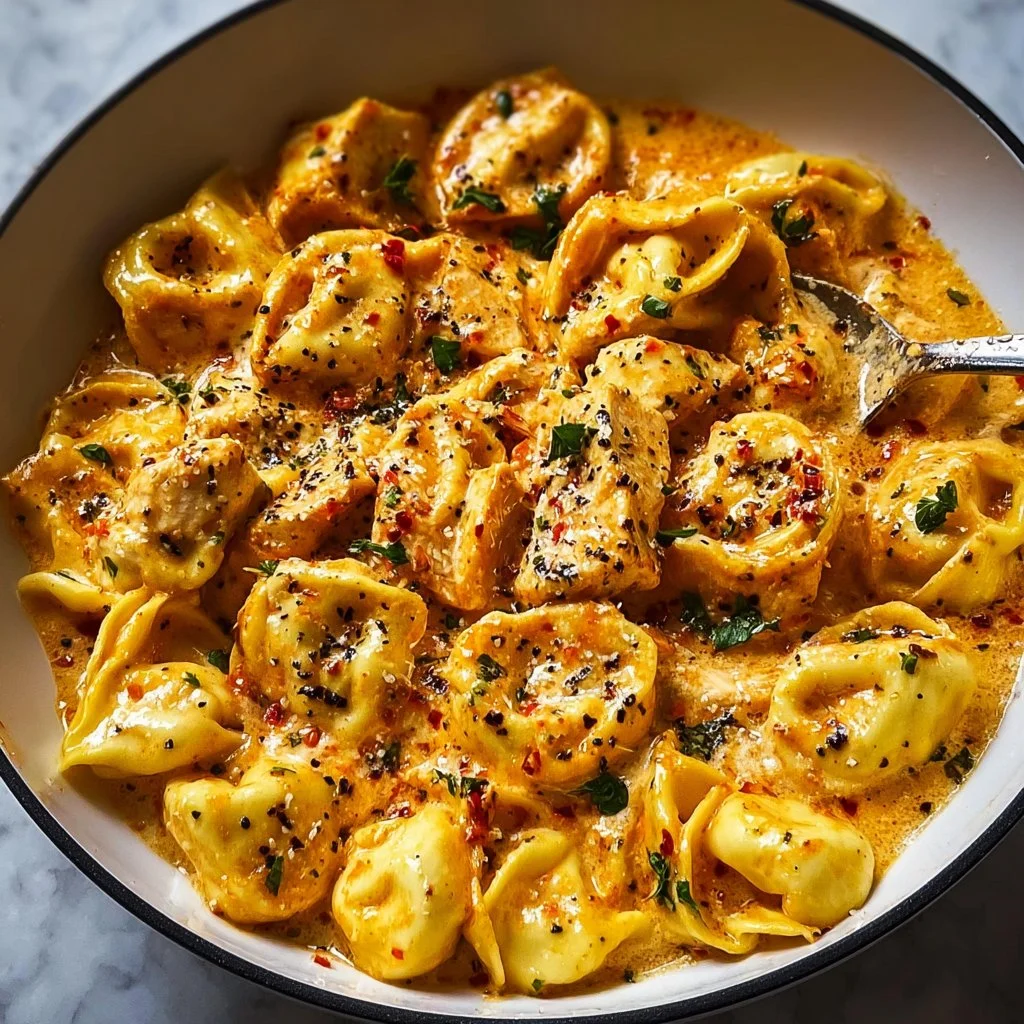 One-Pot Spicy Garlic Butter Chicken Tortellini served in a bowl