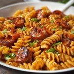 One-Skillet Spicy Honey BBQ Sausage with Pasta in a delicious blend
