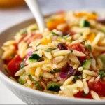 Colorful Orzo Salad with fresh vegetables and herbs in a bowl