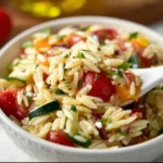Colorful orzo salad with fresh vegetables and dressing in a bowl