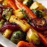 Colorful assortment of oven roasted vegetables on a baking sheet.