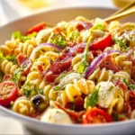 Colorful pasta salad with vegetables and dressing in a bowl