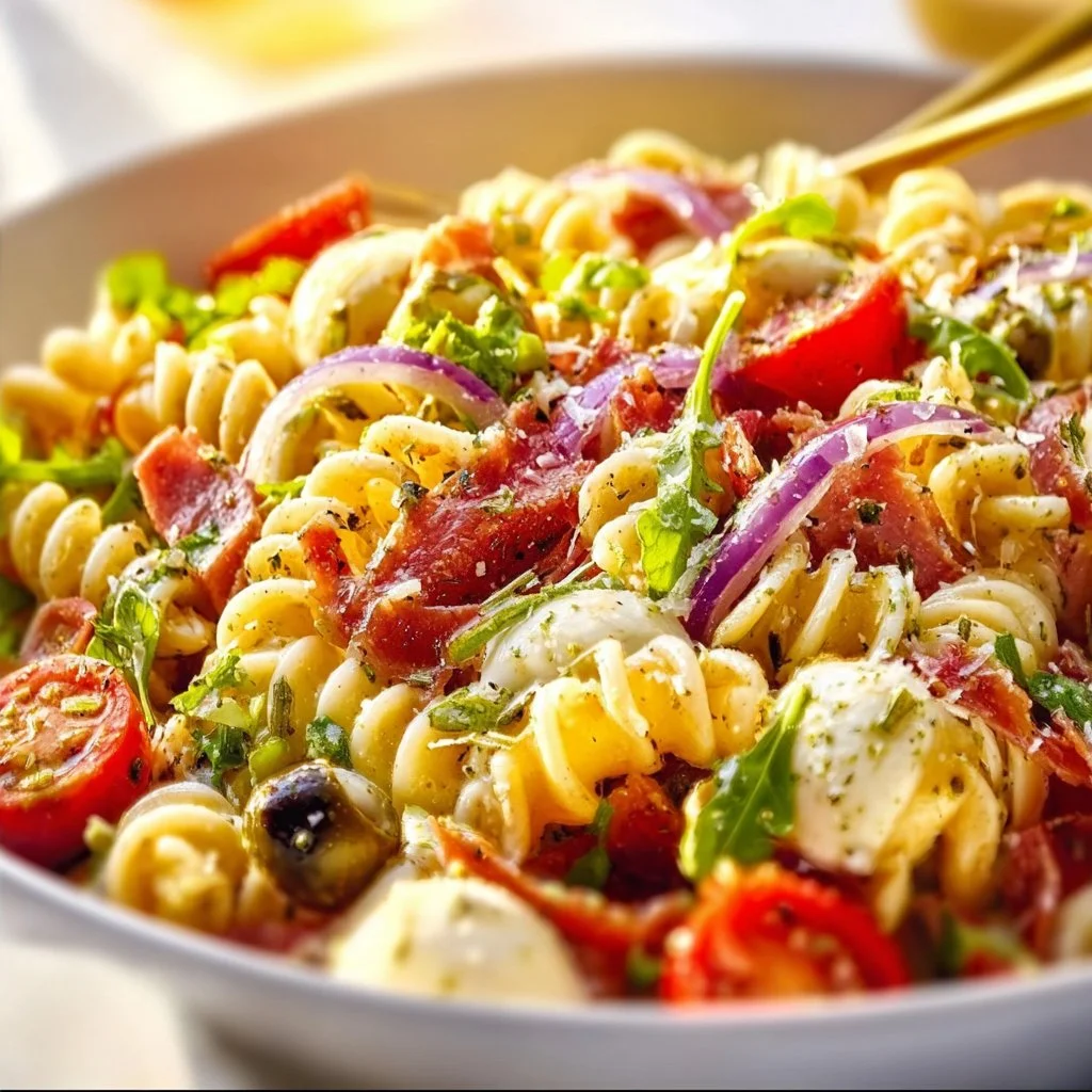 Colorful pasta salad with vegetables and dressing in a bowl