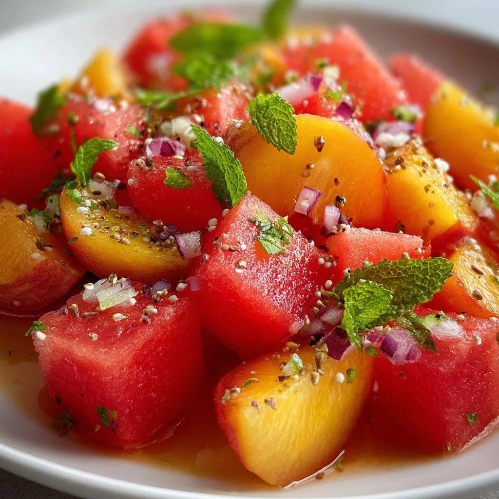 Delicious Peach Watermelon Salad with fresh ingredients on a plate
