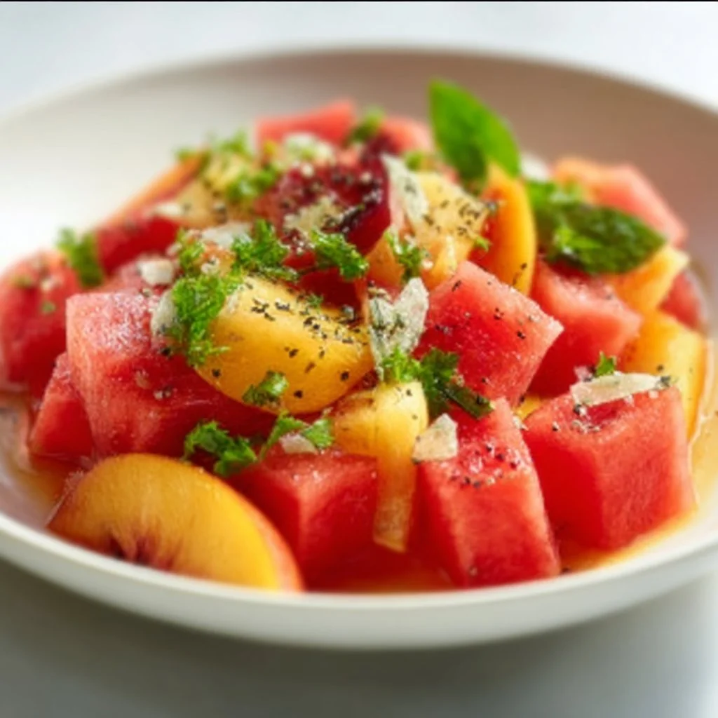 Fresh Peach Watermelon Salad with vibrant fruits and mint leaves