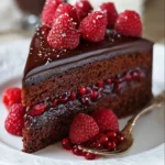 Layers of Chocolate Raspberry Truffle Cake with fresh raspberries on top