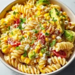Bowl of colorful Mexican street corn pasta salad with fresh ingredients