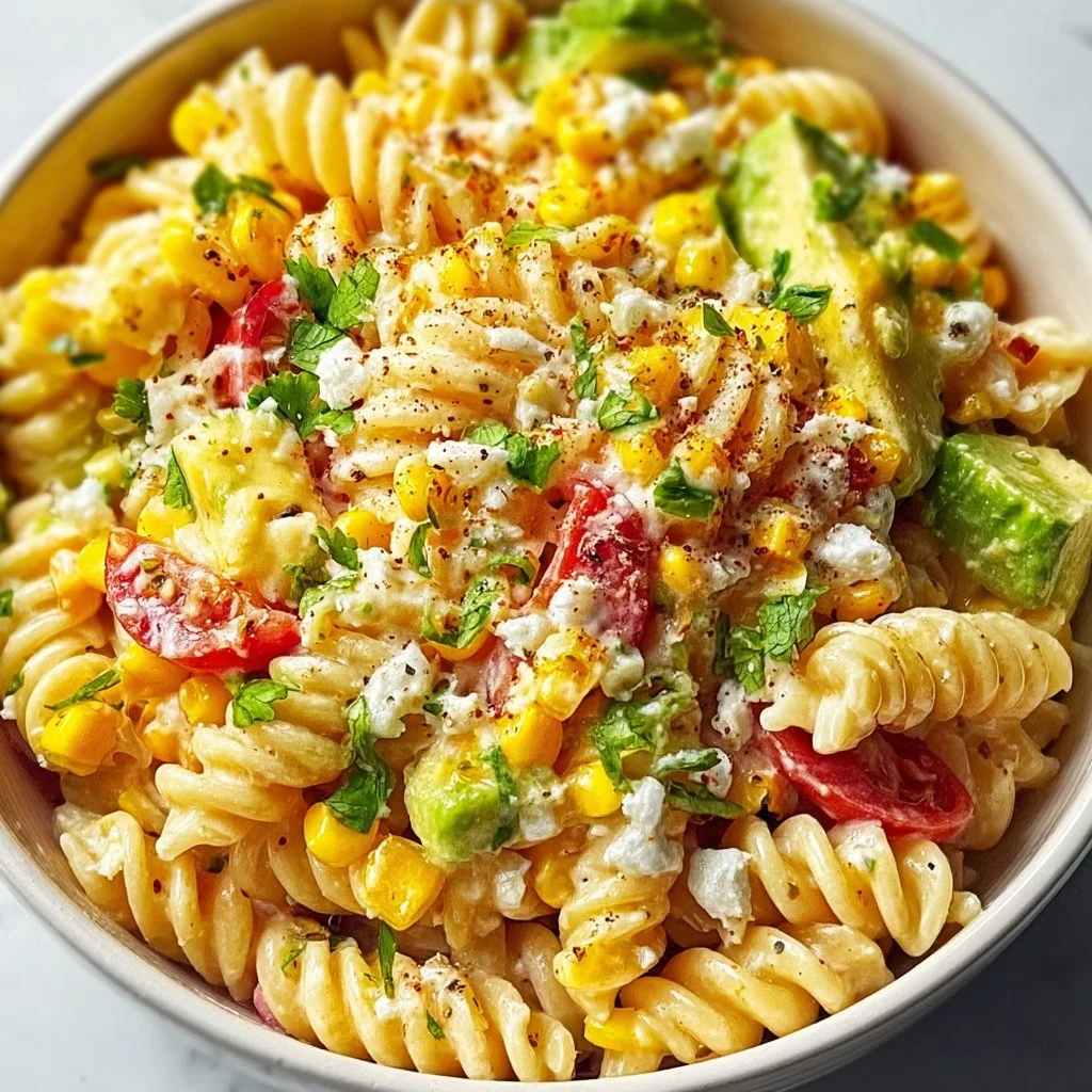 Bowl of colorful Mexican street corn pasta salad with fresh ingredients