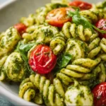 Delicious bowl of pesto pasta salad with cherry tomatoes and basil