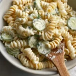 Bowl of vibrant and tangy pickle pasta salad garnished with fresh herbs