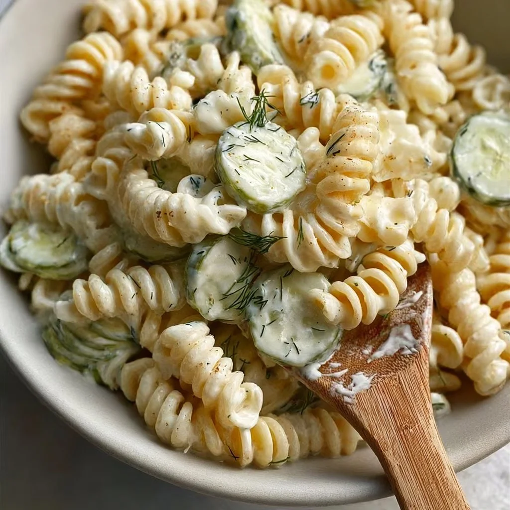 Bowl of vibrant and tangy pickle pasta salad garnished with fresh herbs