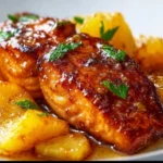 Delicious Pineapple Glazed Salmon on a plate with fresh herbs