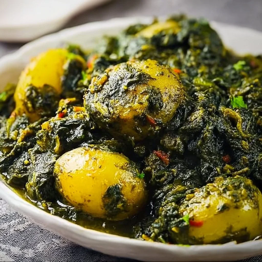 Bowl of Potato Spinach Curry with tender potatoes and fresh spinach in a rich sauce.