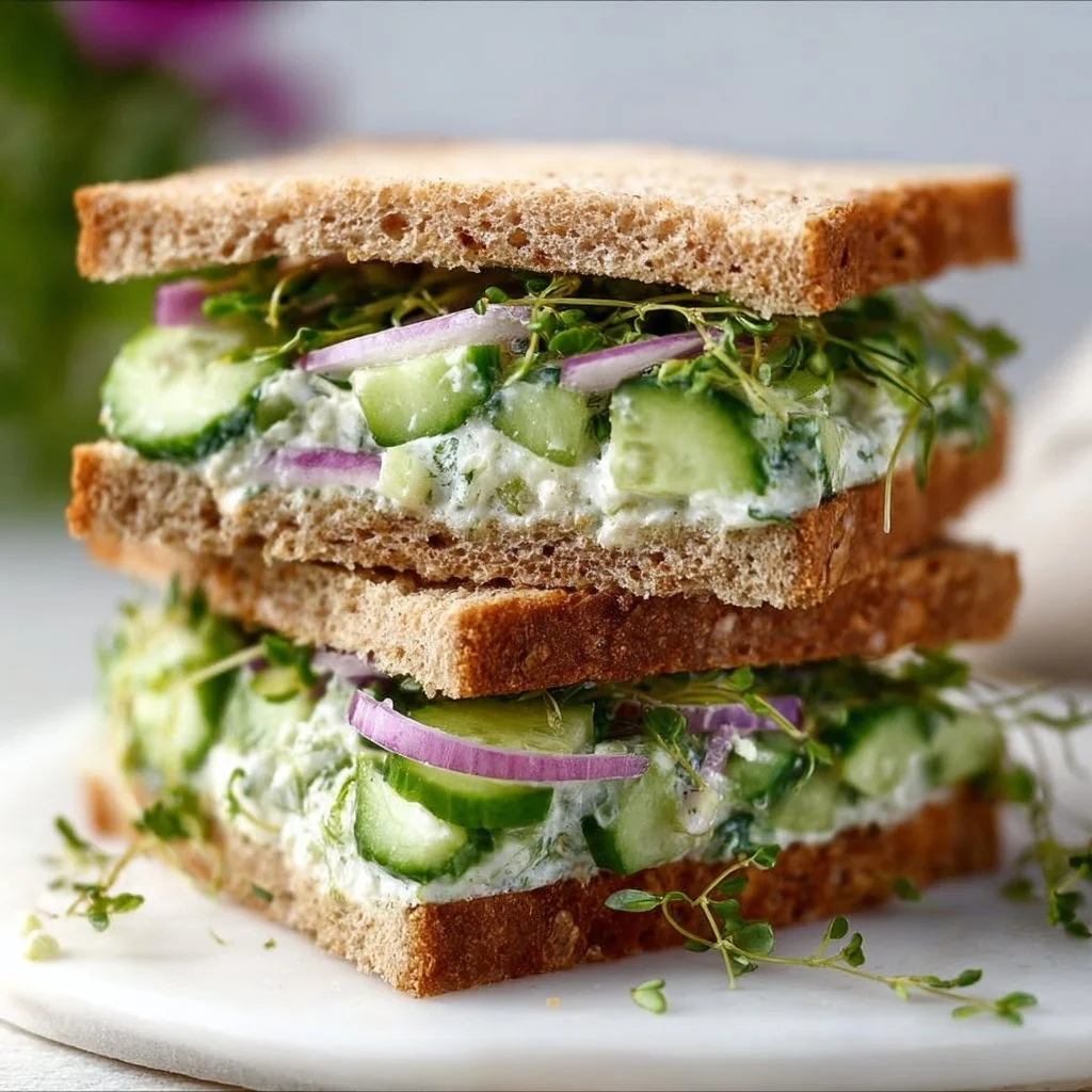 Quick cucumber salad sandwiches with fresh vegetables on a plate