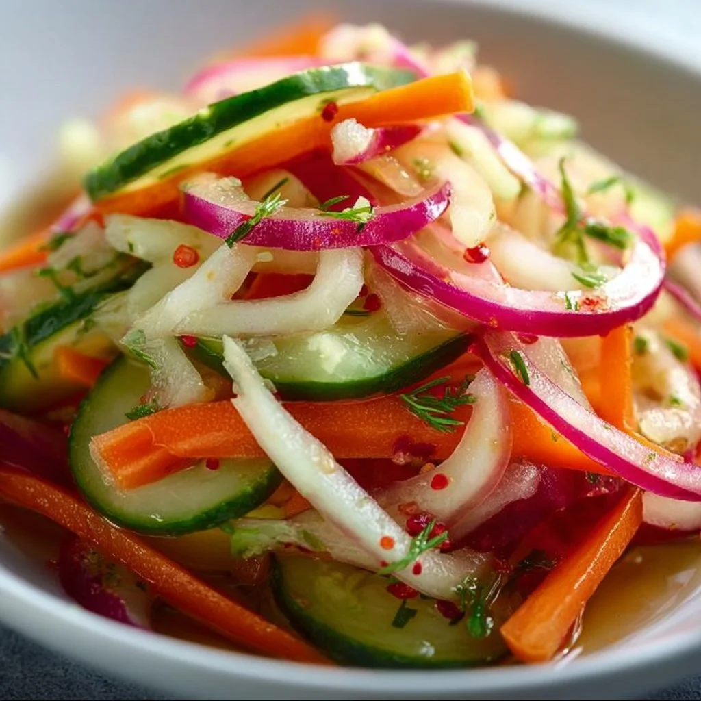 Bowl of colorful quick fridge pickled vegetables on a kitchen countertop.