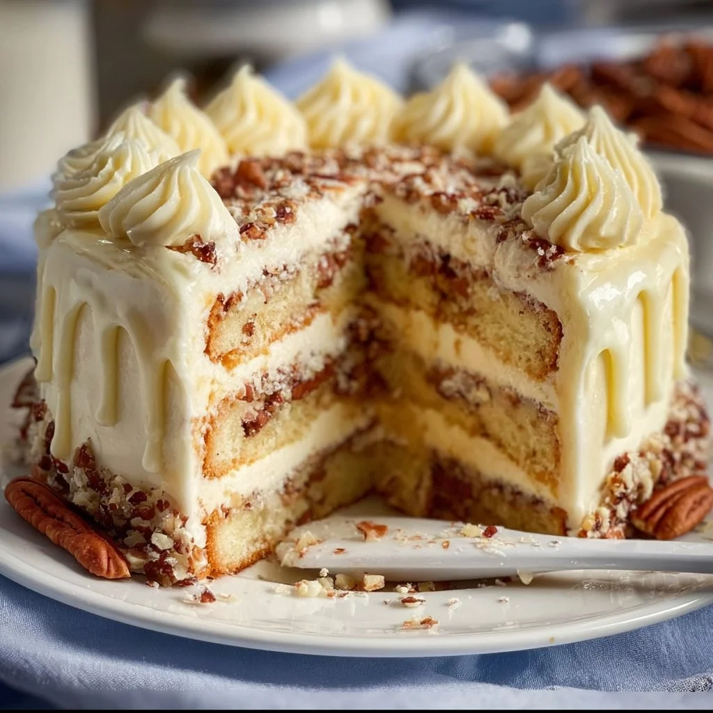 Delicious Quick Italian Cream Cake topped with cream cheese frosting and nuts