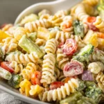 Colorful bowl of Ranch Pasta Salad with vegetables and dressing