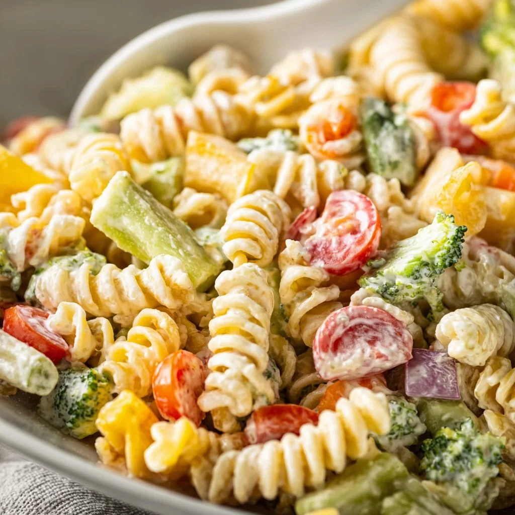 Colorful bowl of Ranch Pasta Salad with vegetables and dressing