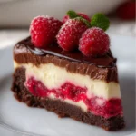 Delicious Raspberry Brownie Cheesecake topped with fresh raspberries