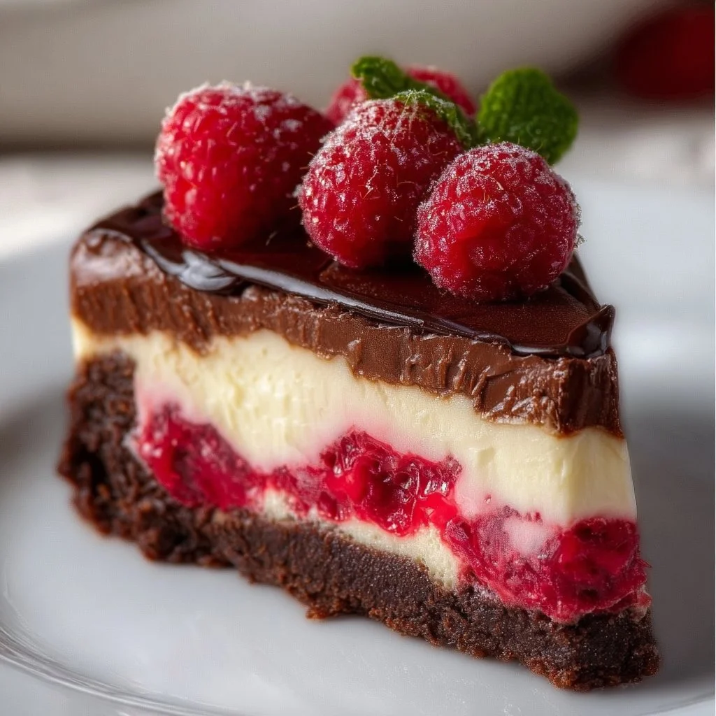 Delicious Raspberry Brownie Cheesecake topped with fresh raspberries