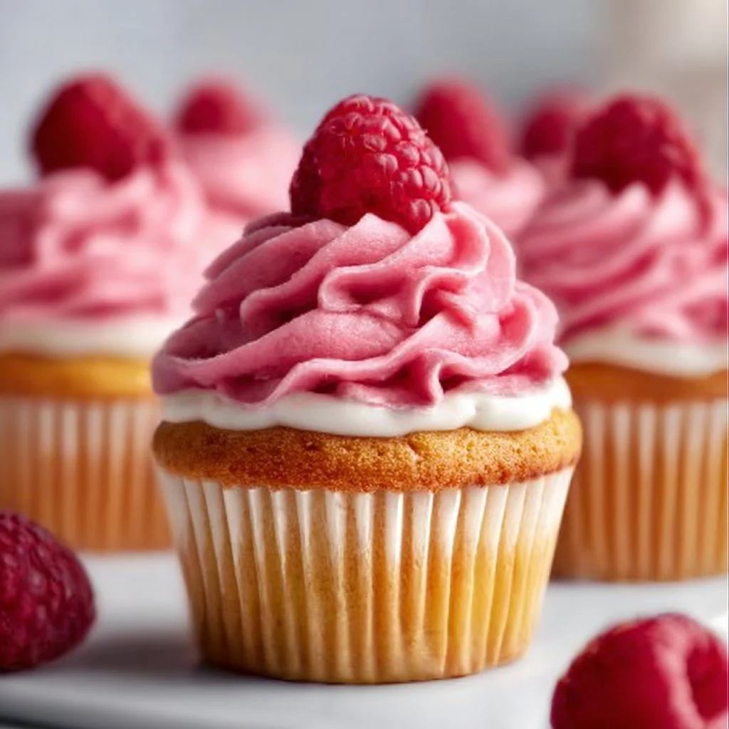 Delicious raspberry cupcakes with raspberry filling topped with frosting