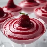 Delicious raspberry mousse topped with fresh raspberries on a white plate.