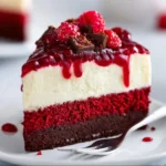 Delicious slice of Red Velvet Cheesecake with creamy frosting on a plate