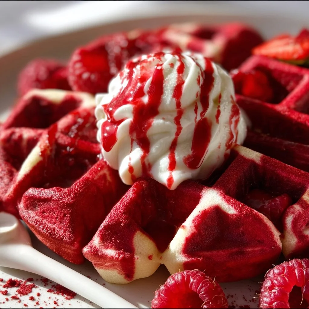 Delicious red velvet marble waffles topped with cream cheese glaze